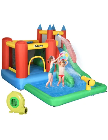 Outsunny Kids Inflatable Bouncy Castle Water Slide 6 in 1 Bounce House Jumping Castle Water Pool Gun Climbing Wall Basketball Ho