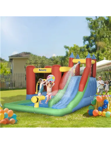 Outsunny Kids Inflatable Bouncy Castle Water Slide 6 in 1 Bounce House Jumping Castle Water Pool Gun Climbing Wall Basketball Ho