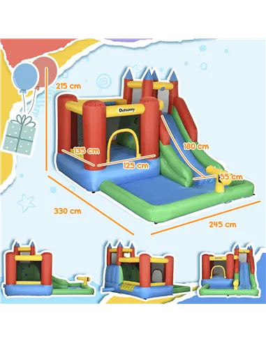 Outsunny Kids Inflatable Bouncy Castle Water Slide 6 in 1 Bounce House Jumping Castle Water Pool Gun Climbing Wall Basketball Ho