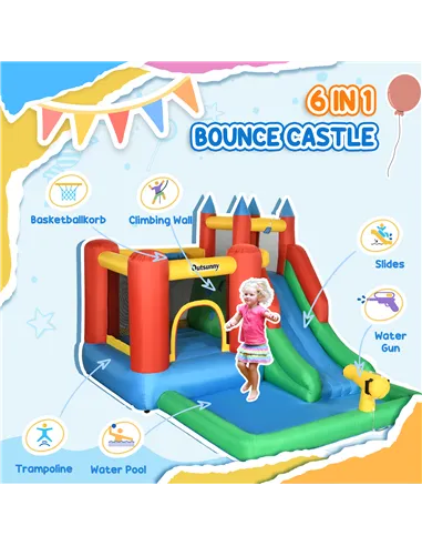 Outsunny Kids Inflatable Bouncy Castle Water Slide 6 in 1 Bounce House Jumping Castle Water Pool Gun Climbing Wall Basketball Ho