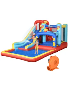 Outsunny 4-in-1 Bouncy Castle, with Slide, Trampoline, Climbing Wall, Blower, Multicoloured