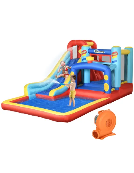 Outsunny 4-in-1 Bouncy Castle, with Slide, Trampoline, Climbing Wall, Blower, Multicoloured