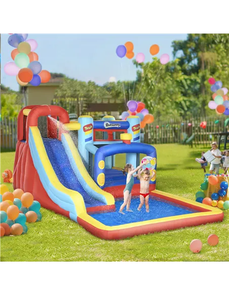 Outsunny 4-in-1 Bouncy Castle, with Slide, Trampoline, Climbing Wall, Blower, Multicoloured