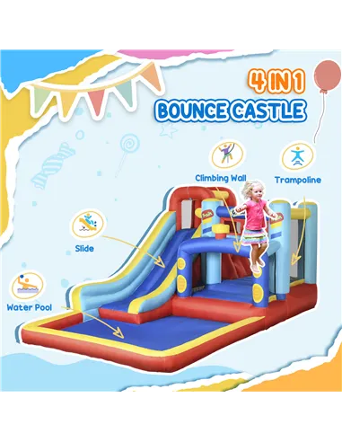 Outsunny 4-in-1 Bouncy Castle, with Slide, Trampoline, Climbing Wall, Blower, Multicoloured
