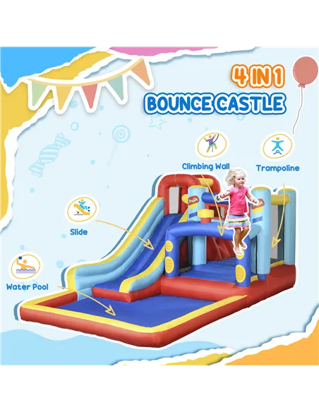 Outsunny 4-in-1 Bouncy Castle, with Slide, Trampoline, Climbing Wall, Blower, Multicoloured