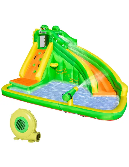 Outsunny 5 in 1 Kids Bouncy Castle Large Crocodile Style Inflatable House Slide Basket Water Pool Gun Climbing Wall with Blower 