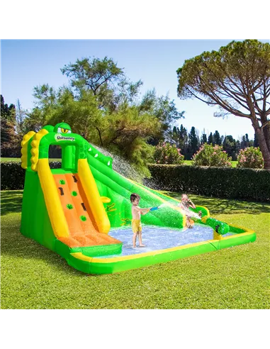 Outsunny 5 in 1 Kids Bouncy Castle Large Crocodile Style Inflatable House Slide Basket Water Pool Gun Climbing Wall with Blower 