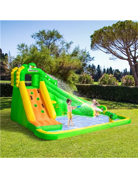 Outsunny 5 in 1 Kids Bouncy Castle Large Crocodile Style Inflatable House Slide Basket Water Pool Gun Climbing Wall with Blower 
