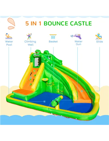 Outsunny 5 in 1 Kids Bouncy Castle Large Crocodile Style Inflatable House Slide Basket Water Pool Gun Climbing Wall with Blower 