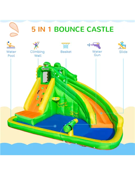 Outsunny 5 in 1 Kids Bouncy Castle Large Crocodile Style Inflatable House Slide Basket Water Pool Gun Climbing Wall with Blower 