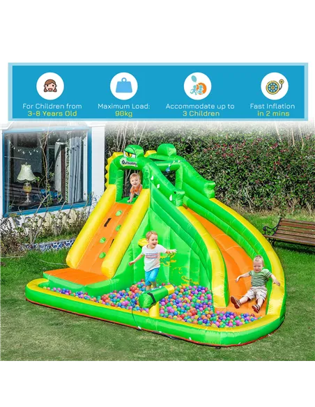 Outsunny 5 in 1 Kids Bouncy Castle Large Crocodile Style Inflatable House Slide Basket Water Pool Gun Climbing Wall with Blower 
