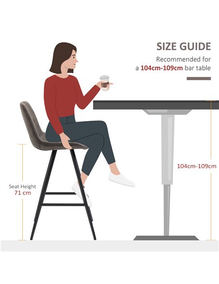 HOMCOM Set Of 2 Bar Stools Vintage Microfiber Cloth Tub Seats Padded Comfortable Steel Frame Footrest Quilted Home Bar Cafe Kitc