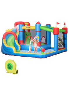 Outsunny 6 in 1 Kids Bouncy Castle, with Water Slide, Water Gun, Climbing Wall, Air Blower for Indoors/Outdoors, 3.9 x 3 x 2m