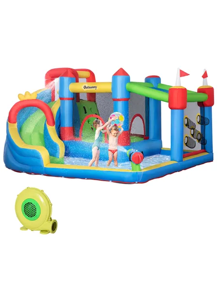 Outsunny 6 in 1 Kids Bouncy Castle, with Water Slide, Water Gun, Climbing Wall, Air Blower for Indoors/Outdoors, 3.9 x 3 x 2m