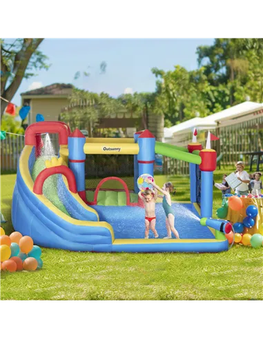 Outsunny 6 in 1 Kids Bouncy Castle, with Water Slide, Water Gun, Climbing Wall, Air Blower for Indoors/Outdoors, 3.9 x 3 x 2m