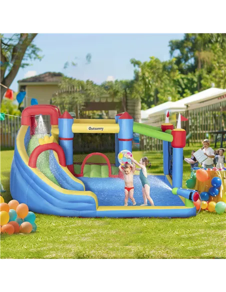 Outsunny 6 in 1 Kids Bouncy Castle, with Water Slide, Water Gun, Climbing Wall, Air Blower for Indoors/Outdoors, 3.9 x 3 x 2m