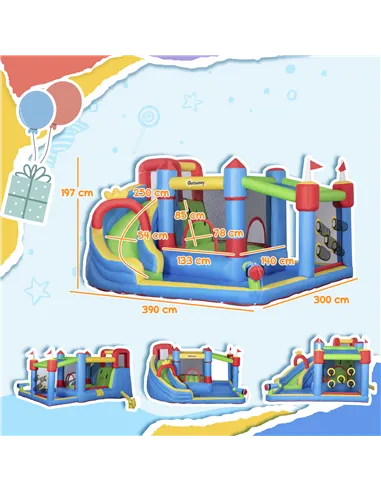 Outsunny 6 in 1 Kids Bouncy Castle, with Water Slide, Water Gun, Climbing Wall, Air Blower for Indoors/Outdoors, 3.9 x 3 x 2m