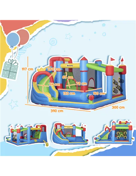 Outsunny 6 in 1 Kids Bouncy Castle, with Water Slide, Water Gun, Climbing Wall, Air Blower for Indoors/Outdoors, 3.9 x 3 x 2m