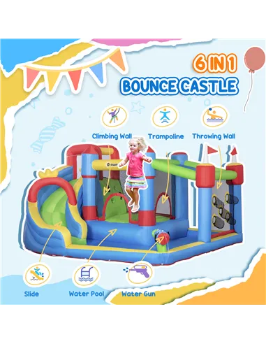 Outsunny 6 in 1 Kids Bouncy Castle, with Water Slide, Water Gun, Climbing Wall, Air Blower for Indoors/Outdoors, 3.9 x 3 x 2m
