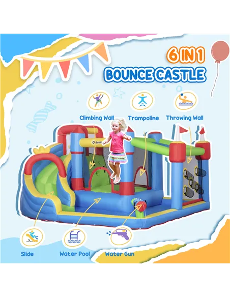 Outsunny 6 in 1 Kids Bouncy Castle, with Water Slide, Water Gun, Climbing Wall, Air Blower for Indoors/Outdoors, 3.9 x 3 x 2m