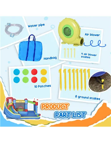 Outsunny 6 in 1 Kids Bouncy Castle, with Water Slide, Water Gun, Climbing Wall, Air Blower for Indoors/Outdoors, 3.9 x 3 x 2m