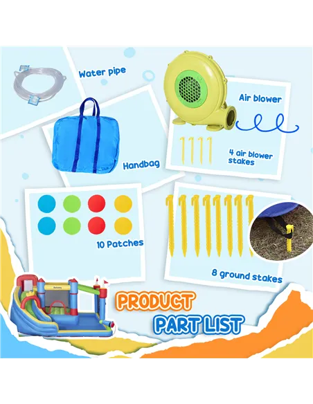 Outsunny 6 in 1 Kids Bouncy Castle, with Water Slide, Water Gun, Climbing Wall, Air Blower for Indoors/Outdoors, 3.9 x 3 x 2m