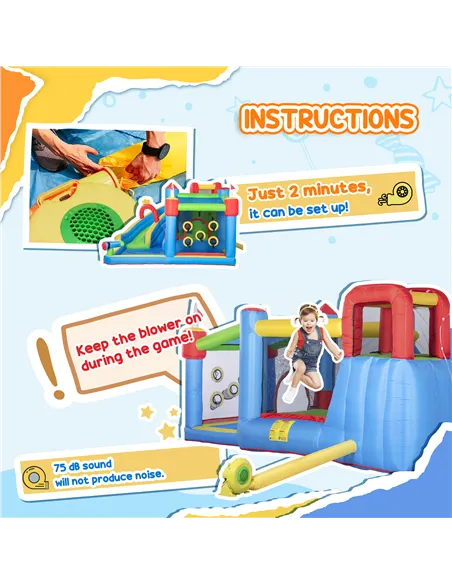Outsunny 6 in 1 Kids Bouncy Castle, with Water Slide, Water Gun, Climbing Wall, Air Blower for Indoors/Outdoors, 3.9 x 3 x 2m