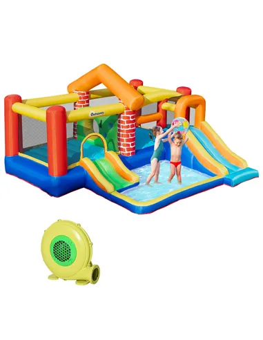 Outsunny 4 in 1 Kids Bouncy Castle Extra Large Double Slides & Trampoline Design Inflatable House Pool Climbing Wall with Blower