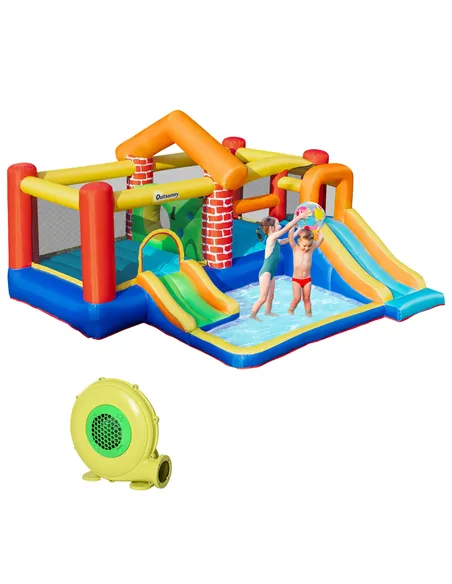 Outsunny 4 in 1 Kids Bouncy Castle Extra Large Double Slides & Trampoline Design Inflatable House Pool Climbing Wall with Blower