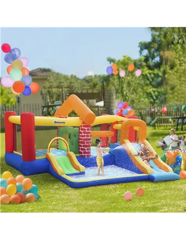 Outsunny 4 in 1 Kids Bouncy Castle Extra Large Double Slides & Trampoline Design Inflatable House Pool Climbing Wall with Blower