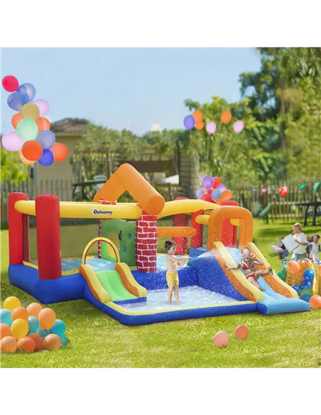 Outsunny 4 in 1 Kids Bouncy Castle Extra Large Double Slides & Trampoline Design Inflatable House Pool Climbing Wall with Blower