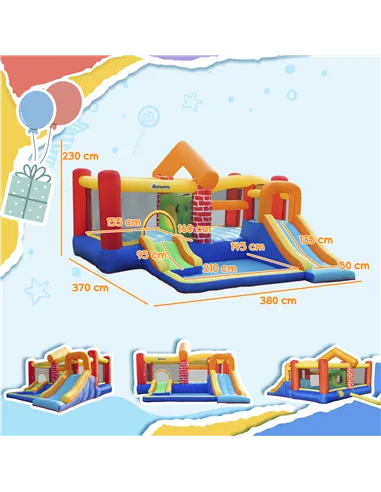 Outsunny 4 in 1 Kids Bouncy Castle Extra Large Double Slides & Trampoline Design Inflatable House Pool Climbing Wall with Blower