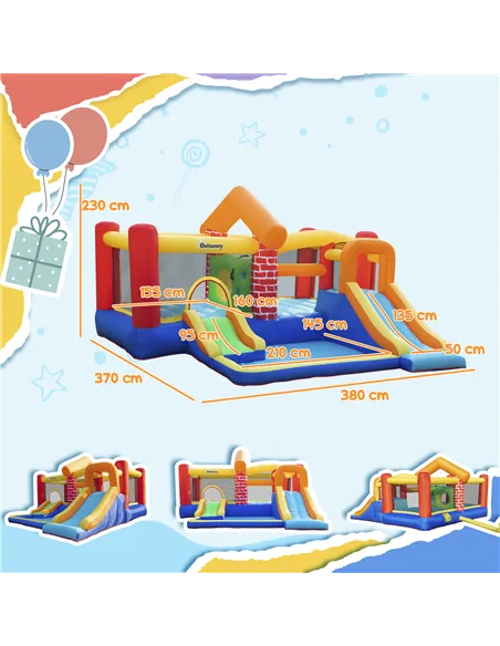 Outsunny 4 in 1 Kids Bouncy Castle Extra Large Double Slides & Trampoline Design Inflatable House Pool Climbing Wall with Blower