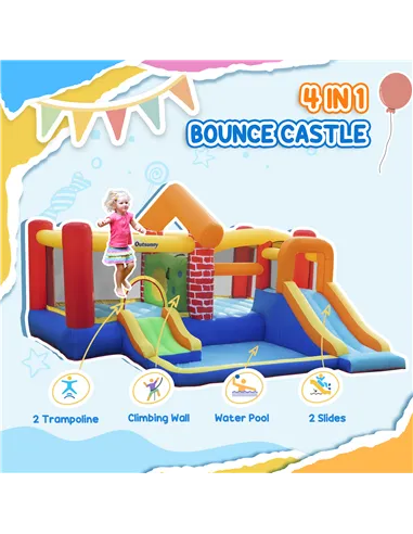 Outsunny 4 in 1 Kids Bouncy Castle Extra Large Double Slides & Trampoline Design Inflatable House Pool Climbing Wall with Blower