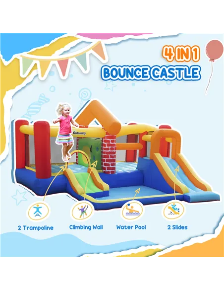 Outsunny 4 in 1 Kids Bouncy Castle Extra Large Double Slides & Trampoline Design Inflatable House Pool Climbing Wall with Blower