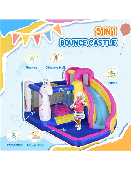 Outsunny 5 in 1 Bouncy Castle, with Blower, for Ages 3-8 Years - Multicoloured