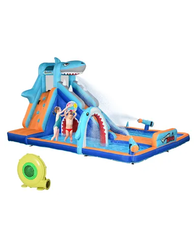 Outsunny 6 in 1 Shark-Themed Bouncy Castle, Inflatable Water Park, with Slide, Pool, Trampoline, Blower, for Ages 3-8 Years