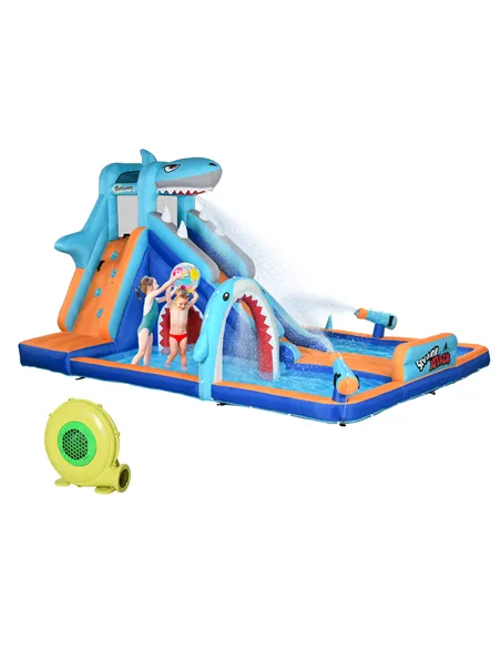 Outsunny 6 in 1 Shark-Themed Bouncy Castle, Inflatable Water Park, with Slide, Pool, Trampoline, Blower, for Ages 3-8 Years