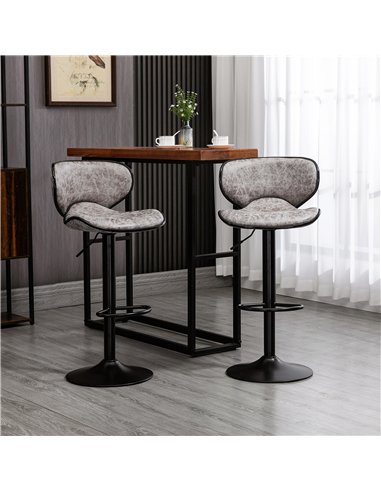 HOMCOM Bar Stool Set of 2 Microfiber Cloth Adjustable Height Armless Chairs with Swivel Seat, Grey