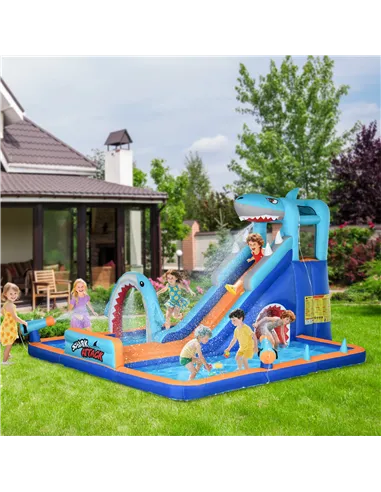 Outsunny 6 in 1 Shark-Themed Bouncy Castle, Inflatable Water Park, with Slide, Pool, Trampoline, Blower, for Ages 3-8 Years