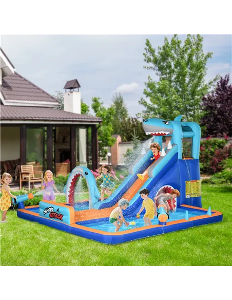 Outsunny 6 in 1 Shark-Themed Bouncy Castle, Inflatable Water Park, with Slide, Pool, Trampoline, Blower, for Ages 3-8 Years