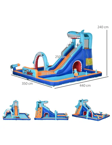 Outsunny 6 in 1 Shark-Themed Bouncy Castle, Inflatable Water Park, with Slide, Pool, Trampoline, Blower, for Ages 3-8 Years