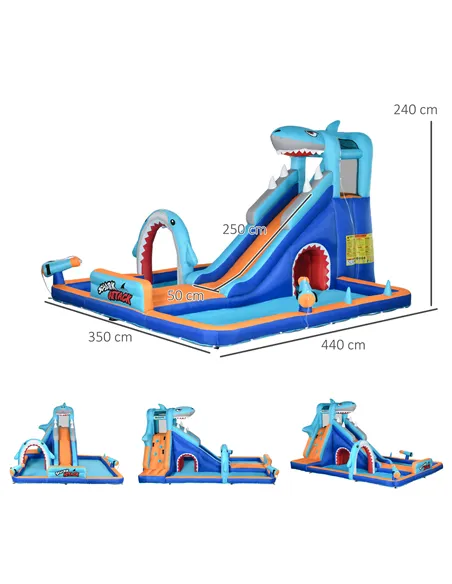 Outsunny 6 in 1 Shark-Themed Bouncy Castle, Inflatable Water Park, with Slide, Pool, Trampoline, Blower, for Ages 3-8 Years