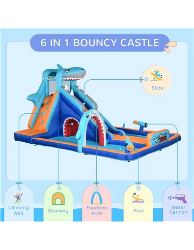 Outsunny 6 in 1 Shark-Themed Bouncy Castle, Inflatable Water Park, with Slide, Pool, Trampoline, Blower, for Ages 3-8 Years