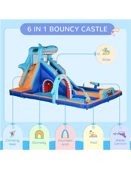 Outsunny 6 in 1 Shark-Themed Bouncy Castle, Inflatable Water Park, with Slide, Pool, Trampoline, Blower, for Ages 3-8 Years