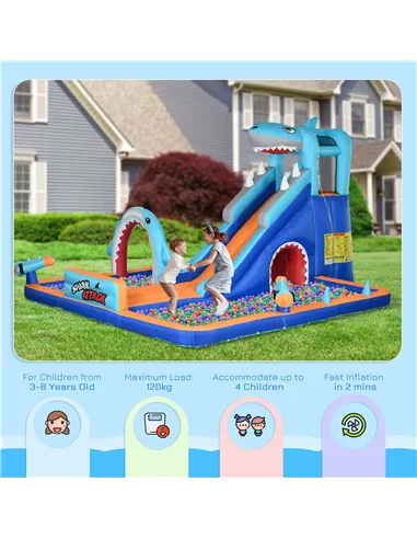 Outsunny 6 in 1 Shark-Themed Bouncy Castle, Inflatable Water Park, with Slide, Pool, Trampoline, Blower, for Ages 3-8 Years
