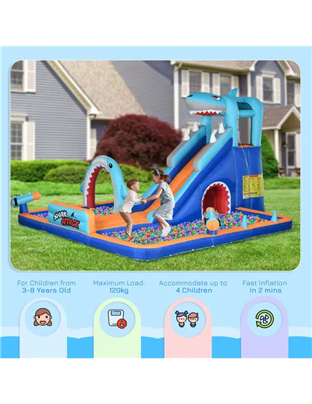 Outsunny 6 in 1 Shark-Themed Bouncy Castle, Inflatable Water Park, with Slide, Pool, Trampoline, Blower, for Ages 3-8 Years