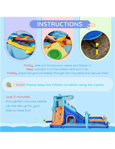 Outsunny 6 in 1 Shark-Themed Bouncy Castle, Inflatable Water Park, with Slide, Pool, Trampoline, Blower, for Ages 3-8 Years
