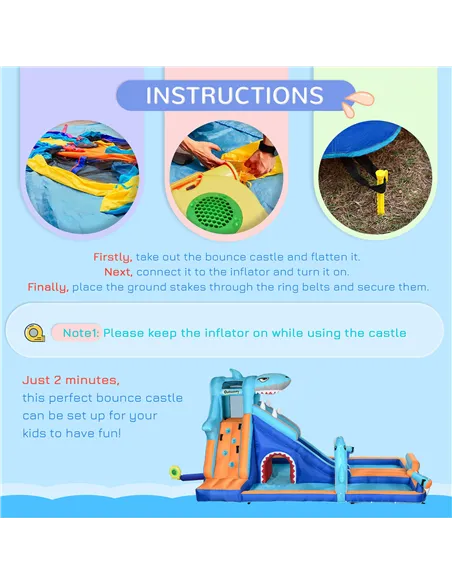 Outsunny 6 in 1 Shark-Themed Bouncy Castle, Inflatable Water Park, with Slide, Pool, Trampoline, Blower, for Ages 3-8 Years