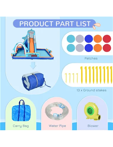 Outsunny 6 in 1 Shark-Themed Bouncy Castle, Inflatable Water Park, with Slide, Pool, Trampoline, Blower, for Ages 3-8 Years